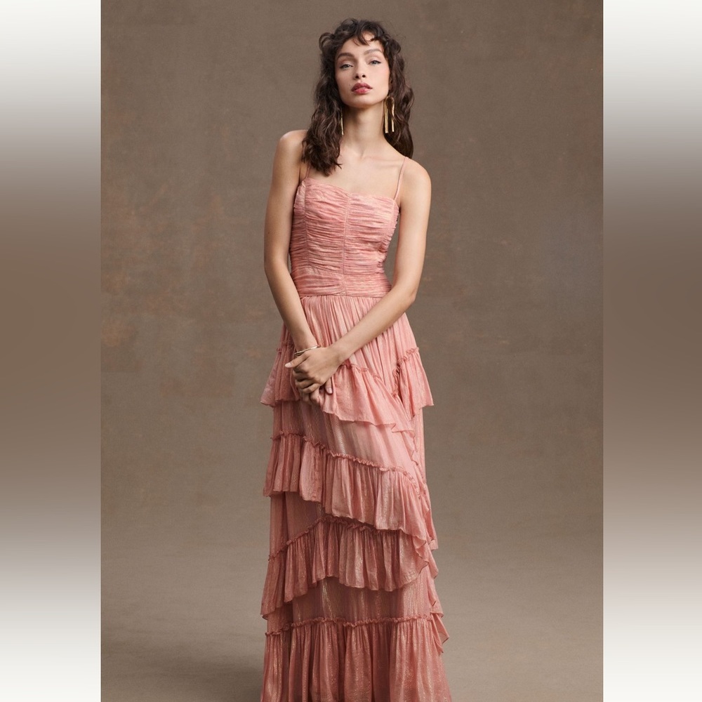BHLDN Anthropologie Jessa Asymmetrical Ruffled Drop-Waist Gown shiny material